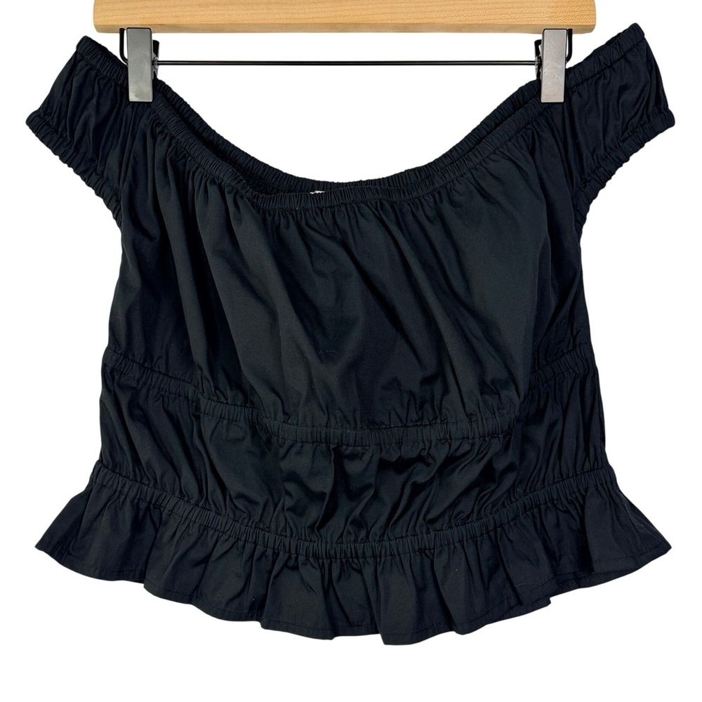 Open Edit Womens Black Cotton Off Shoulder Smocked Ruffle Crop Top Size M